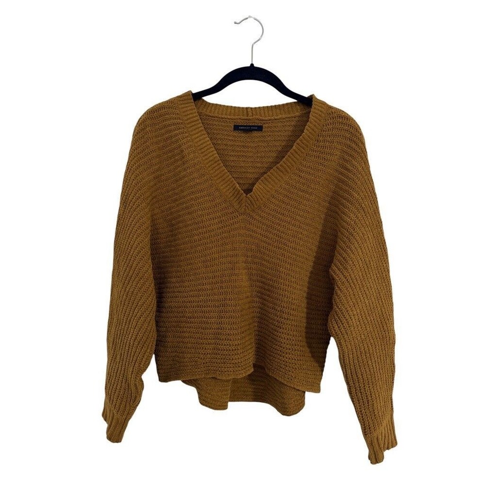 American Eagle V-Neck Chenille Sweater High Low Mustard Yellow Boho Cozy Fall S